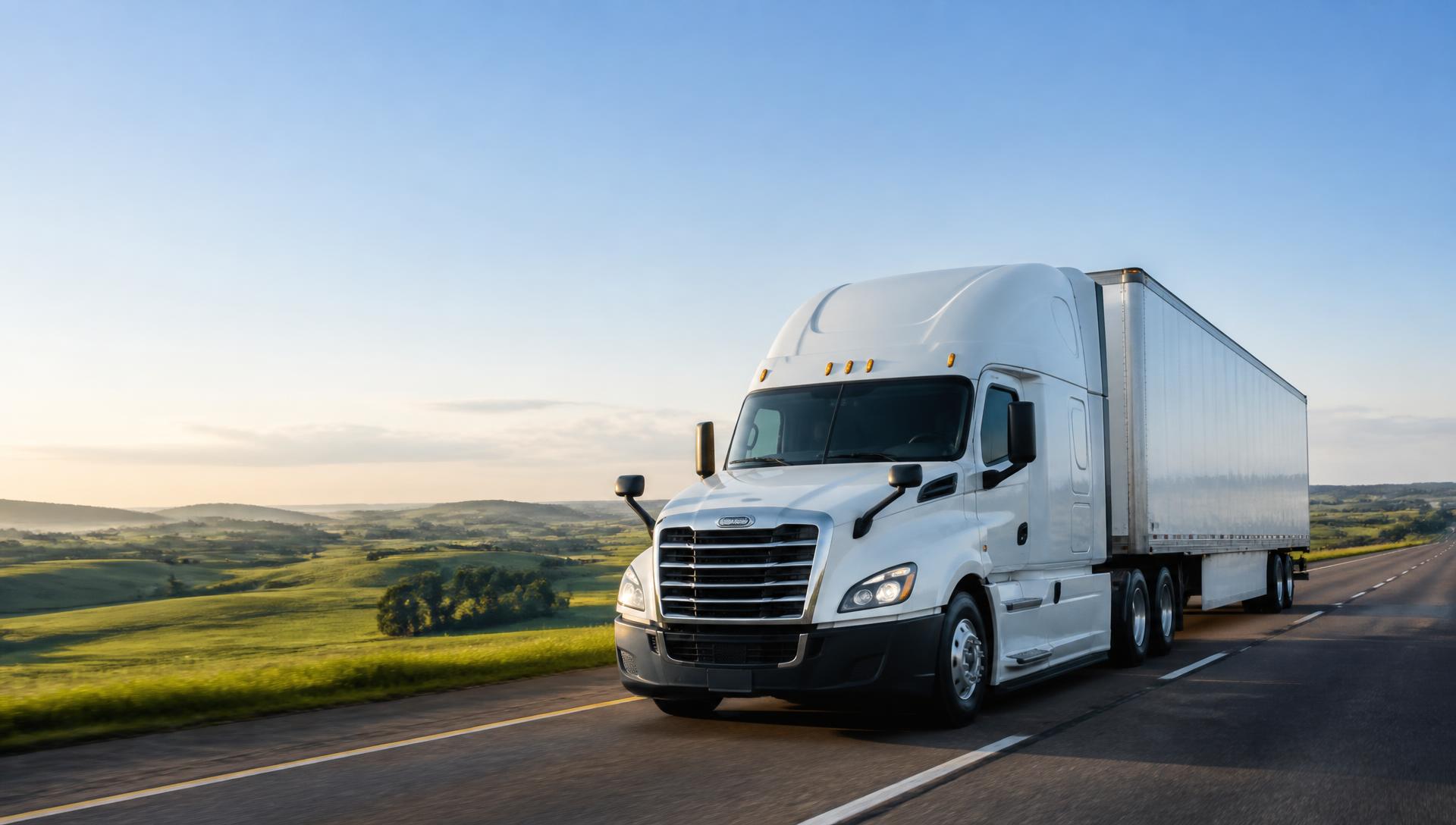 White long-haul semi truck traveling on an open interstate